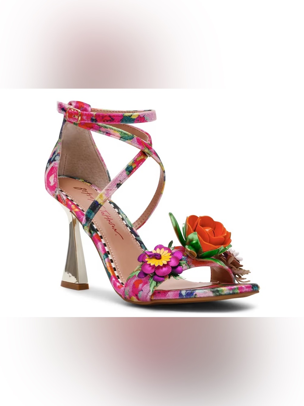 Betsey Johnson Pink Multicolor Floral 3D Appliqué Strappy Heels